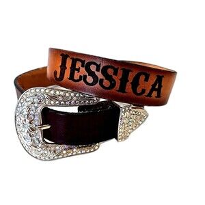 Leather Brown Belt Sz 38 Tooled Rhinestone Jessica Western Rodeo Country Cowgirl